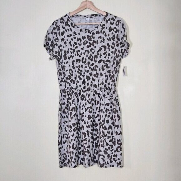 Old Navy Shirt Dress Womens M Beige Snow Leopard Cinched Waist SS Summer Cottage - Picture 15 of 16
